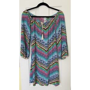 2B Together Boho Chevron Dress Medium Multi-Color Off-Shoulder Tunic Lace Trim-M